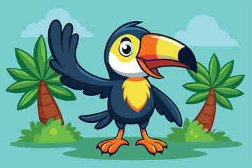 Naklejka premium A cheerful cartoon toucan waves enthusiastically, standing amidst vibrant palm trees under a bright blue sky