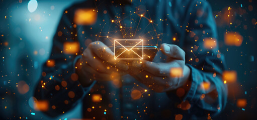 Man holding smartphone with digital network envelope icons and glowing connections. Concepts of communication, technology, digital messaging, and connectivity.