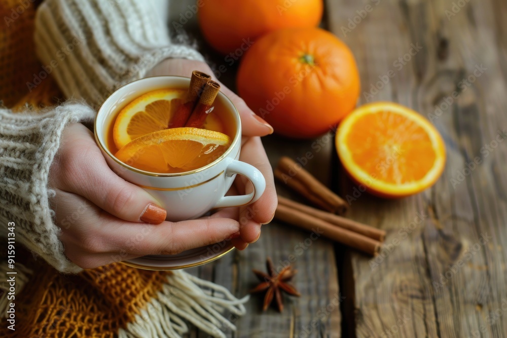 Wall mural A person holding a cup of tea with oranges and cinnamon