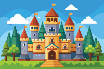 A vibrant cartoon castle stands tall amid green trees and fluffy clouds, offering a whimsical touch to a fantastical landscape filled with adventure