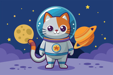 Fototapeta premium A cheerful cat wearing a spacesuit explores a colorful planet, surrounded by stars and a distant Saturn-like ringed planet