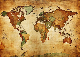 Vintage distressed world map with worn edges and creases, featuring a mix of handwritten keywords and typed phrases in various languages and colors.