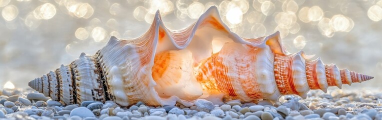 Orange and white seashell resting on sandy beach at sunset