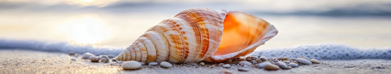 Orange and white seashell resting on the sandy beach at sunset