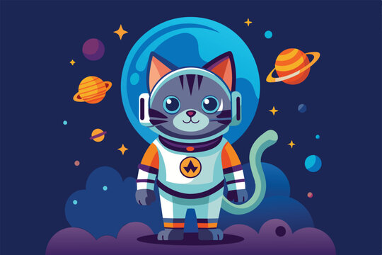 A brave cat astronaut explores space, surrounded by colorful planets and stars, showcasing a whimsical journey through the universe