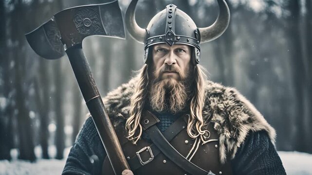 Medieval knight with sword, viking on forest background