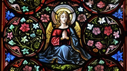 Fototapeta premium A serene angel with folded hands sits amidst colorful floral designs in a church window