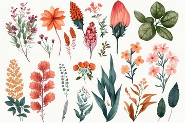 Collection of Watercolor Floral Elements with Pink, Orange, and Green Hues.