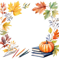 Autumn design with pumpkin, fall leaves and books.