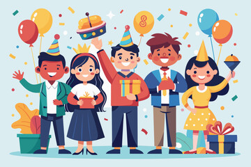 Fototapeta premium A cheerful group of friends joyfully celebrates a birthday party with colorful balloons, a cake, and gifts, creating a lively festive atmosphere