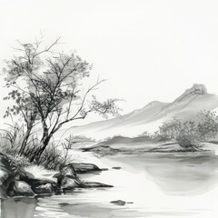 Tranquil river in smooth line work, Chinese river, serene simplicity