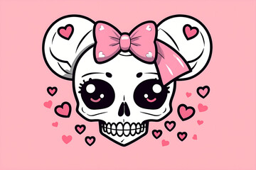 Naklejka premium Cute skull with a big bow and pink ears