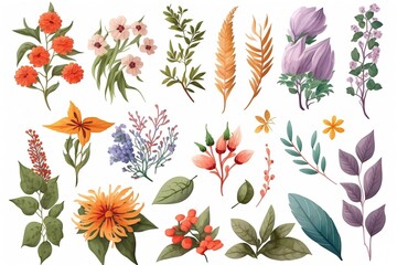 Collection of watercolor painted floral elements isolated on white.
