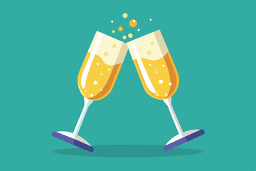 Two champagne flutes clink together, bubbles rising, celebrating a joyful moment during a festive gathering