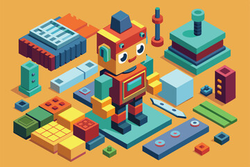 Fototapeta premium A vibrant isometric layout showcases a customizable character surrounded by various colorful building pieces and tools for imaginative play