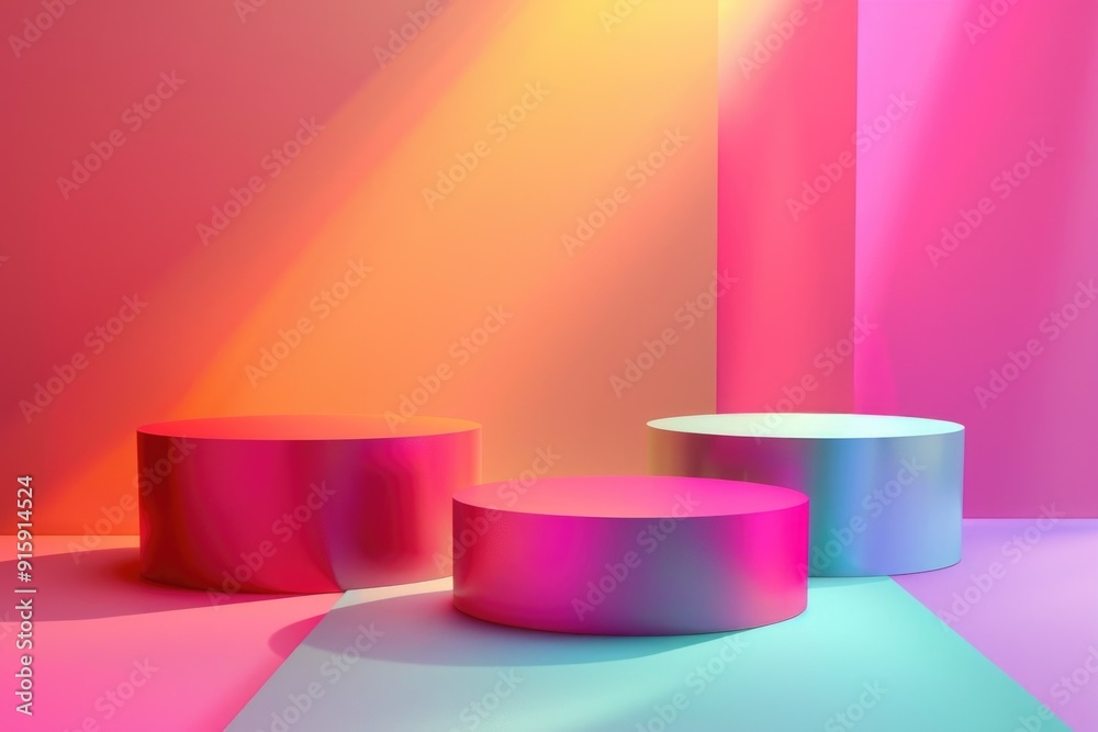 Poster Three colorful round tables in a bright and modern meeting space, ideal for team collaboration or brainstorming