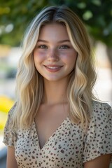 Fototapeta premium College girl with blonde hair smiling outdoors on a sunny day