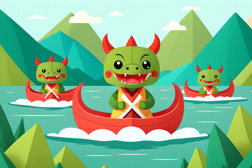 Fototapeta premium Little dragons rowing in red boats