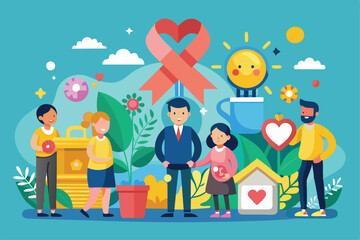 Fototapeta premium A group of diverse individuals engages in activities promoting charity, community support, and environmental awareness with cheerful symbols of hope
