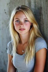 Naklejka premium Blonde college student posing in a casual grey shirt indoors