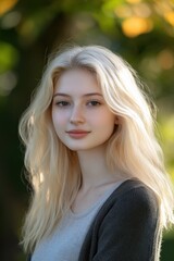 Fototapeta premium College girl with blonde hair smiling outdoors in springtime light