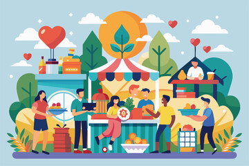 Naklejka premium Families gather at a vibrant charity market, enjoying fresh produce, handmade goods, and engaging in fun activities under a sunny sky