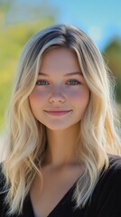 Fototapeta premium College blonde girl smiling outdoors in natural light