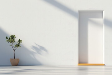Minimalist Interior With Potted Plant And Sunlight Shadows