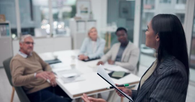 Business people, glass and discussion in meeting for presentation, project proposal and sales pitch for investors. Clients, woman and value proposition for partnership, collaboration and b2b planning
