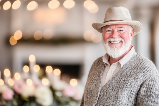Cheerful Older Man in Cozy Sweater and Hat Celebrating International Day of Older Persons