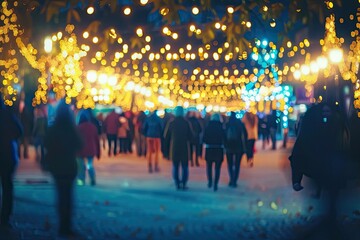 Festive celebration under strings of fairy lights at night with people enjoying joyous activities