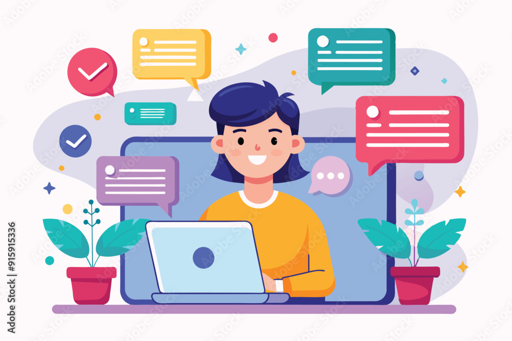Poster a person happily interacts with a customizable chat interface, surrounded by colorful message bubble