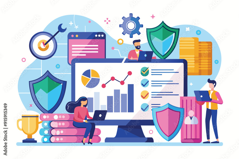 Poster analysts are observing data security trends using graphs and charts while working at a computer with