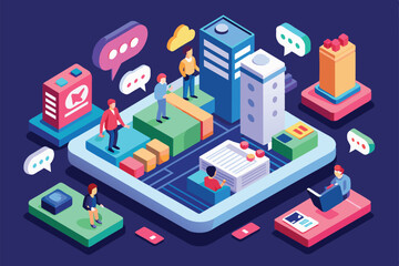 Obraz premium People interact and chat in a vibrant urban environment filled with colorful buildings and social media elements, highlighting customization and connectivity