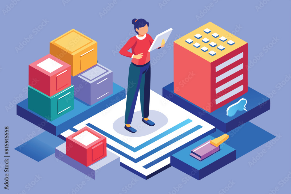 Poster a person stands in a workspace, using a tablet to check boxes next to colorful containers and a stru