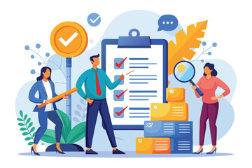 A team is engaged in verifying business rules using checklists and visual aids, fostering collaboration and focus in a colorful workspace