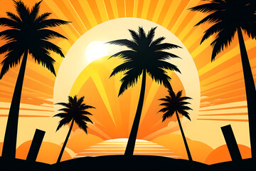 Sunset behind palm trees on a tropical beach