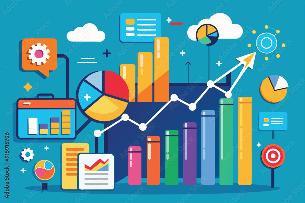 Poster colorful charts and graphs showcase data trends within a creative workspace environment, emphasizing