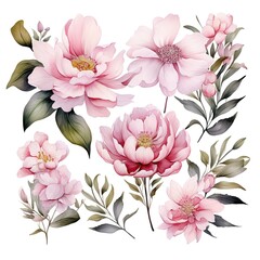 Fototapeta premium Delicate pink flowers and leaves on white background.