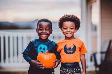 National Trick or Treat Day Celebration with Kids in Halloween Costumes Holding Pumpkin