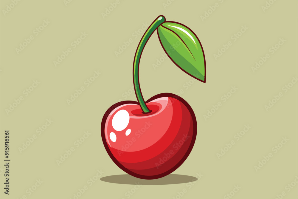 Sticker A glossy red cherry with a green leaf stands out against a muted backdrop, highlighting its fresh appearance and appealing shape