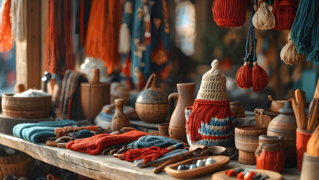 Stall offers artisanal products and locally produced crafts, including handmade jewelry, pottery, and knitted scarves
