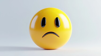 Fototapeta premium A vibrant 3D-rendered yellow emoticon with a sad expression, featuring large glossy black eyes and a frowning mouth.