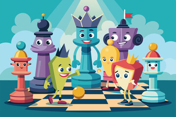 Fototapeta premium Cartoon characters joyfully gather around a colorful chessboard, engaging in a lively game filled with creativity and imagination