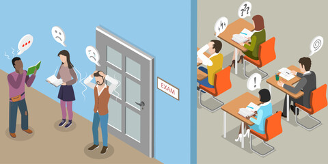 3D Isometric Flat Vector Illustration of Educational Stress, Anxiety Palpable In The Exam