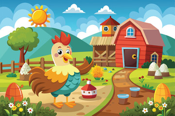 Obraz premium A cheerful chicken stands in a vibrant farm setting, complete with a cozy barn, green hills, and bright sunshine, inviting viewers into its joyful world
