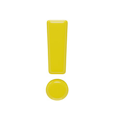 Exclamation mark icon. Punctuation mark isolated on a transparent background. 3D render of a sign in yellow plastic with a glossy texture.