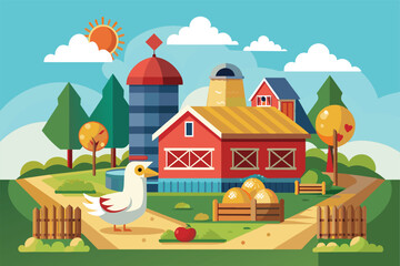 A vibrant chicken farm with a red barn, silo, and trees under a bright blue sky, showcasing farm life with chickens and hay bales