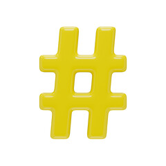 Hashtag sign. Typography mark isolated on a transparent background. 3D render of a mark in yellow plastic with a glossy texture.