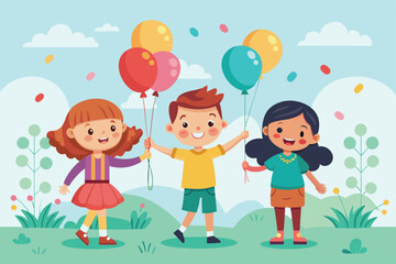 Fototapeta premium Three cheerful children play in a grassy park, holding vibrant balloons and enjoying a bright day filled with fun and laughter